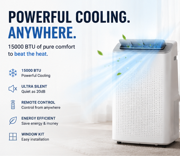 Portable 15,000 BTU Smart Air Conditioner | Cool, Fan & Dehumidifier