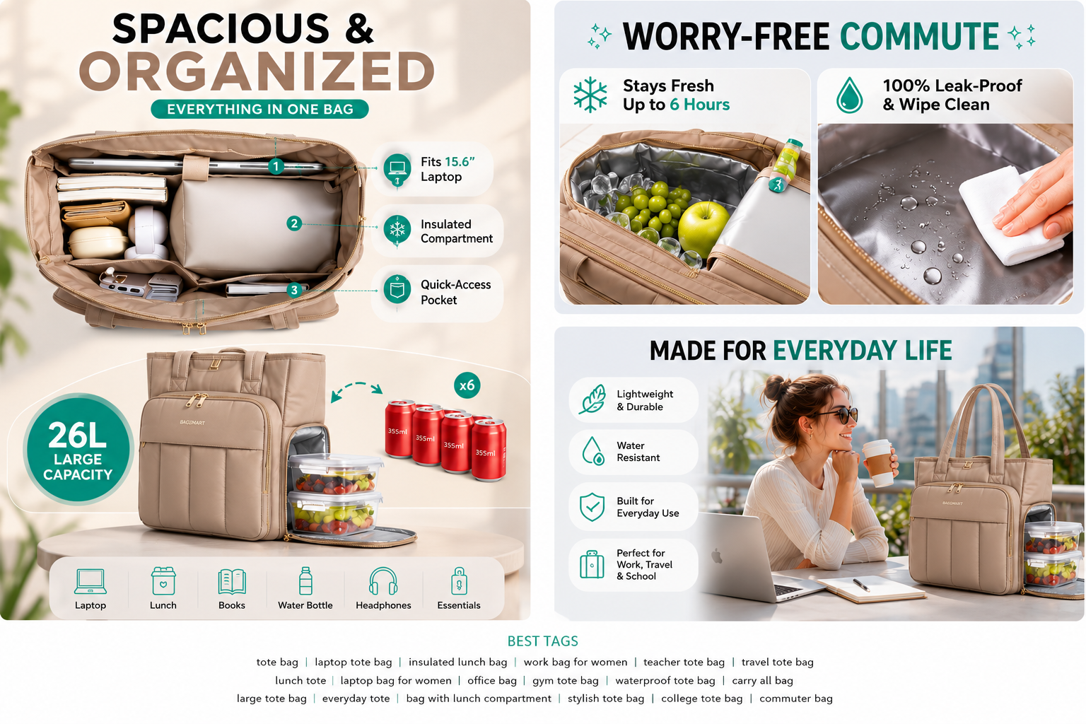 Insulated Everyday Tote Bag – Laptop, Lunch & Travel Organizer