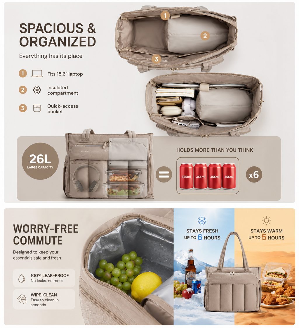 Insulated Everyday Tote Bag – Laptop, Lunch & Travel Organizer