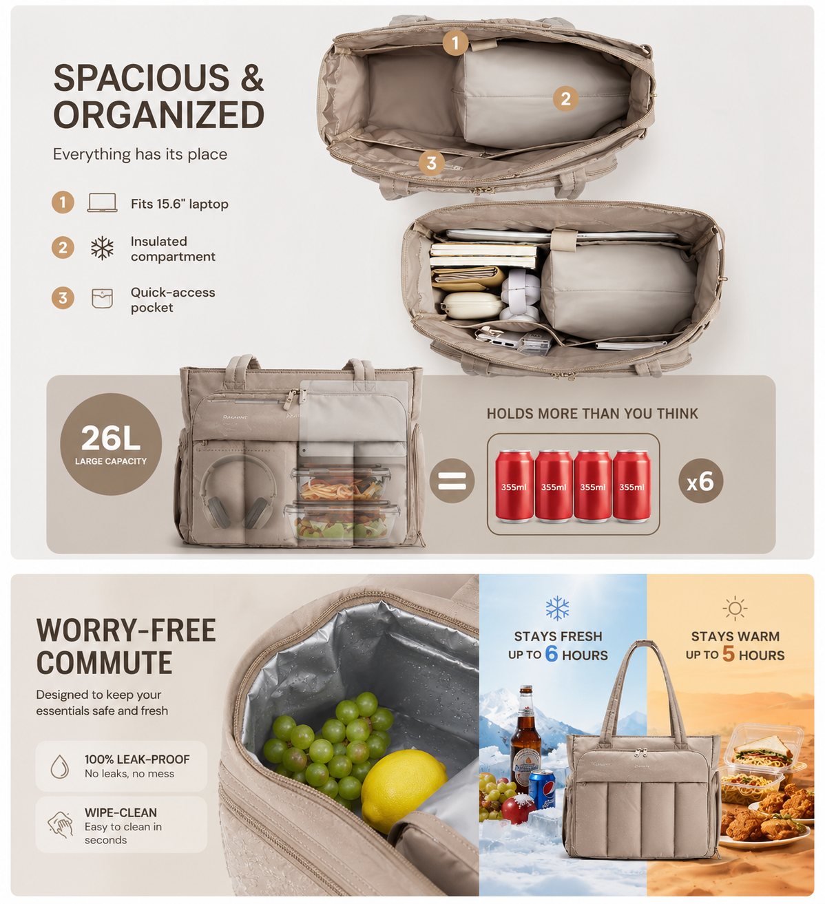 Insulated Everyday Tote Bag – Laptop, Lunch & Travel Organizer