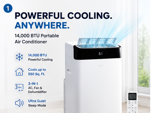 14,000 BTU Portable Air Conditioner with Remote Control | Cool Rooms Up to 550 Sq. Ft.