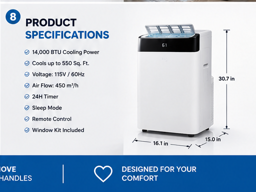 14,000 BTU Portable Air Conditioner with Remote Control | Cool Rooms Up to 550 Sq. Ft.